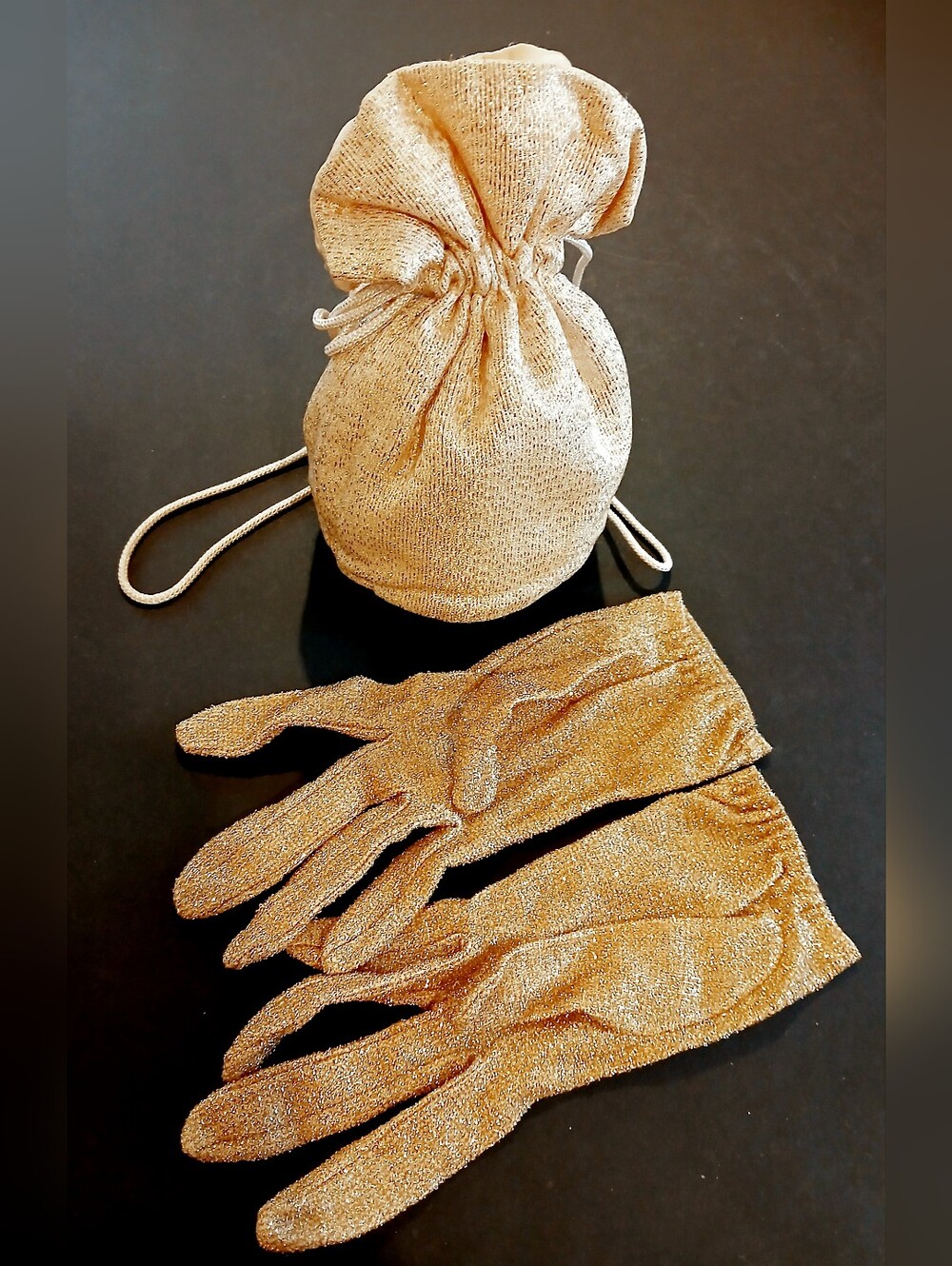 Vintage Gold Metallic Evening Gloves and Drawstring Pouch - Women's Accessories